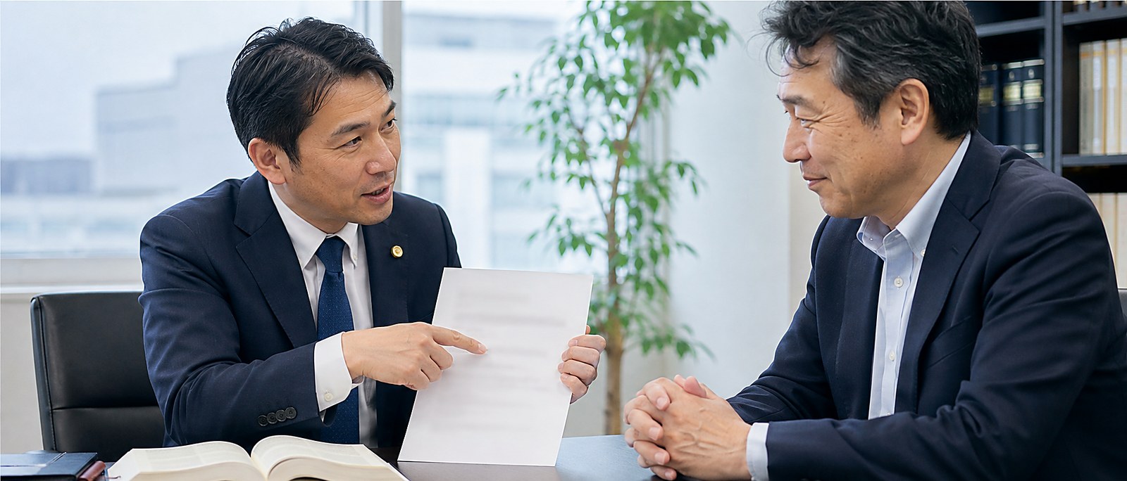 応接室において、弁護士が経営者に手続の流れを説明している場面